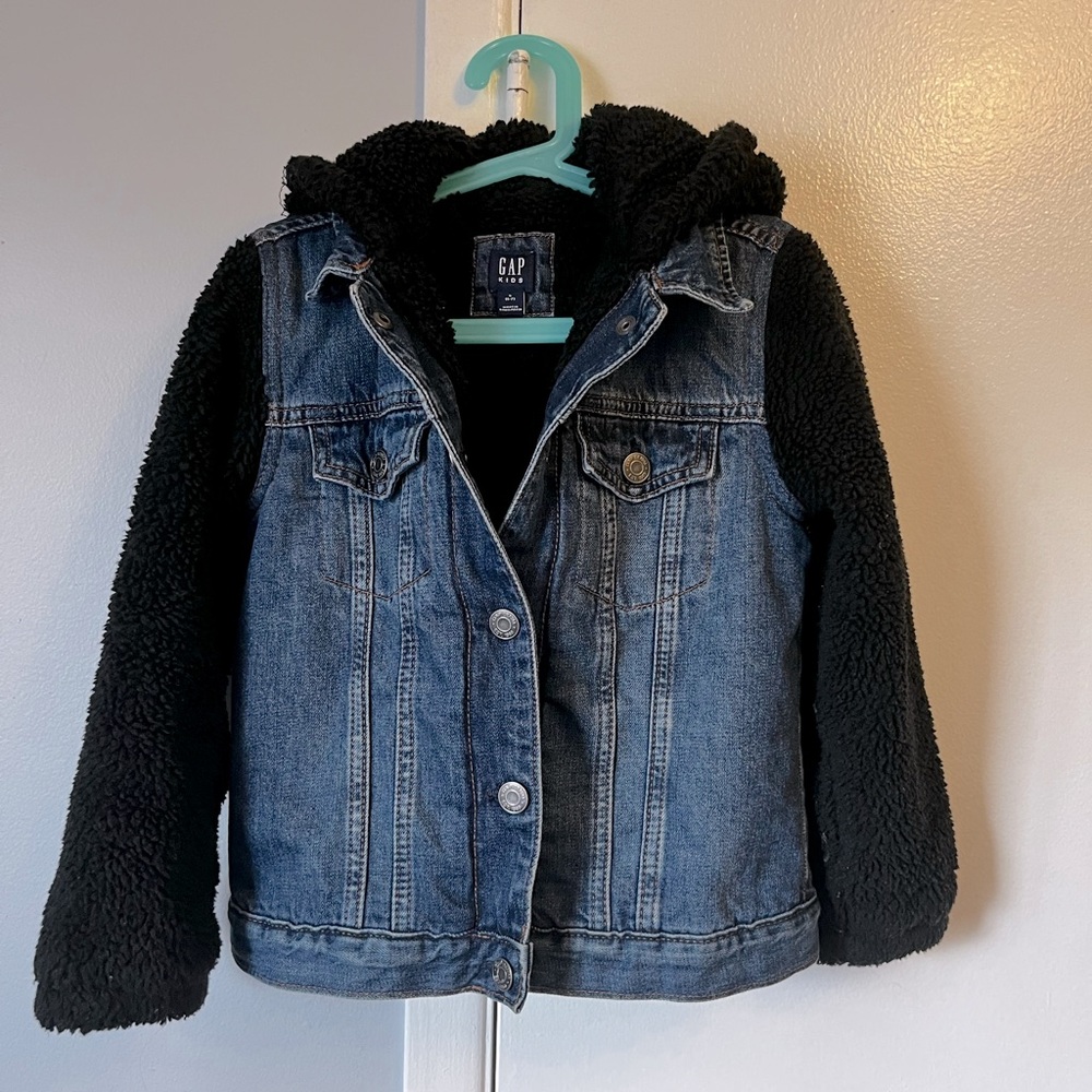GAP Kids Blue Denim Jacket with Black Sherpa Sleeves